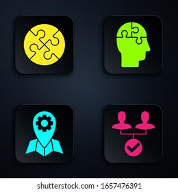 Set Project team base, Piece of puzzle, Location job and Human head puzzles strategy. Black square button. Vector