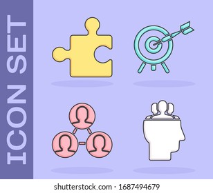 Set Project team base, Piece of puzzle, Project team base and Target with arrow icon. Vector