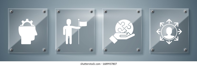Set Project team base, Piece of puzzle in hand, Man holding flag and Human with gear inside. Square glass panels. Vector