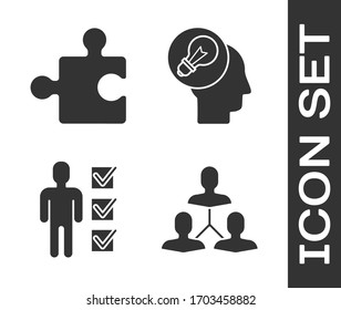 Establecer base de equipo de Project, Pieza de puzzle, Usuario de hombre en traje de negocios y Cabeza humana con icono de lámpara. Vector
