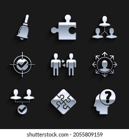 Set Project team base, Piece of puzzle, Human head with question mark, Target and check,  and Ringing bell icon. Vector