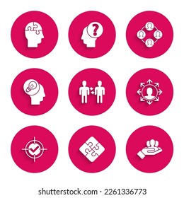 Set Project team base, Piece of puzzle, Target and check mark, Human head with lamp bulb,  and puzzles strategy icon. Vector
