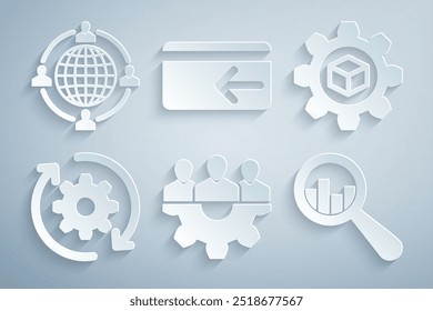 Set Project team base, Product development, Gear and arrows workflow, Magnifying glass analysis, Cash back and Outsourcing concept icon. Vector