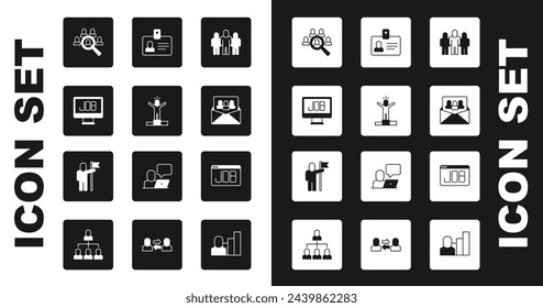 Set Project team base, Productive human, Search job, Magnifying glass for search, Identification badge,  and Man holding flag icon. Vector