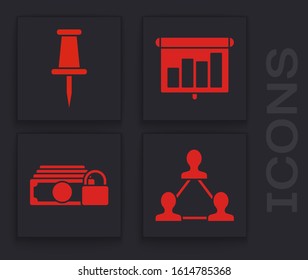 Set Project team base, Push pin, Presentation financial board with graph, schedule, chart, diagram, infographic, pie graph and Money with lock icon. Vector