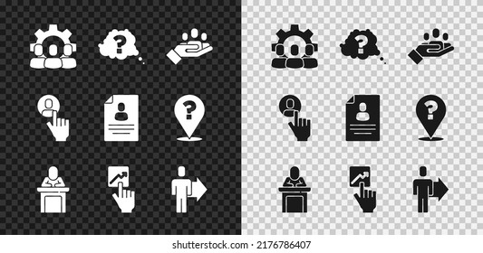 Set Project team base, Question mark, Hand for search people, Speaker, Team leader, Head hunting and Resume icon. Vector