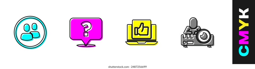 Set Project team base, Question mark, Hand like and Media projector icon. Vector