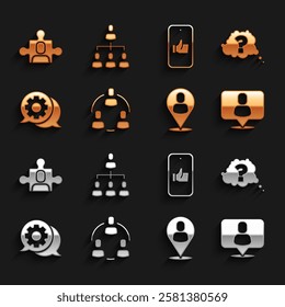 Set Project team base, Question mark, Head hunting, Worker location, Speech bubble chat, Hand like,  and Hierarchy organogram chart icon. Vector