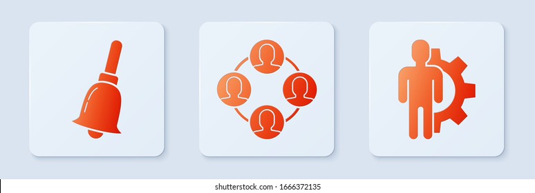 Set Project team base, Ringing bell and Human with gear inside. White square button. Vector