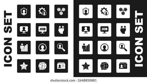 Base del equipo del proyecto, burbuja del discurso con el trabajo, persona de la Locación, protección del usuario, del hombre, caza de la cabeza, lupa para la búsqueda y el icono humano productivo. Vector