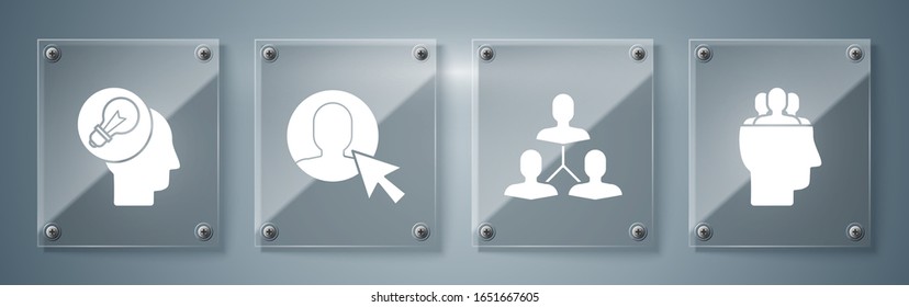 Set Project team base, Project team base, User of man in business suit and Human head with lamp bulb. Square glass panels. Vector