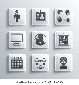 Set Project team base, Worker location, Planning strategy concept, Earth globe, Calendar, Computer monitor, Stage stand tribune and  icon. Vector