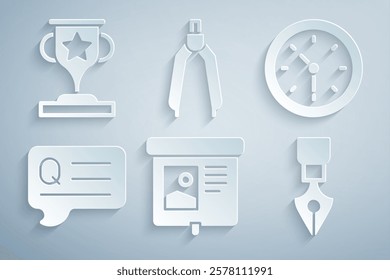 Set Projection screen, Clock, Speech bubbles with Question, Fountain pen nib, Drawing compass and Award cup icon. Vector