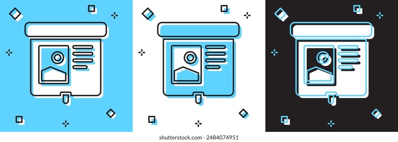 Set Projection screen icon isolated on blue and white, black background. Business presentation visual content like slides, infographics and video.  Vector