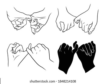 Set of promise pinky hands. Collection of paired hands holding the little fingers. Friendship sign. Vector illustration of a couple holding hands on a white background.