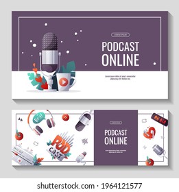 Set Of Promo Banner For Podcast, Streaming, Online Show, Blogging, Radio Broadcasting. Microphone, Headphones, Music Control, Podcast Sign And Cup. Vector Illustration For Poster, Banner, Advertising.