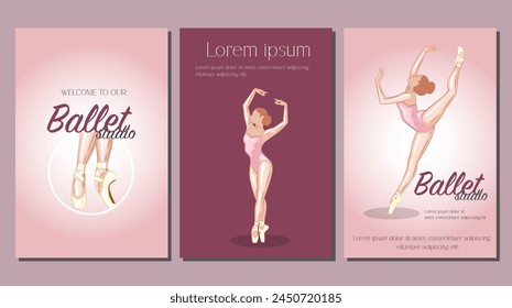 Set of promo banners Ballet. Ballerina illustration, Gymnastics girl. Sport, Healthy lifestyle, Gym, Fitness, Flexibility, Stretching. Hand drawn vector art work isolated on white background