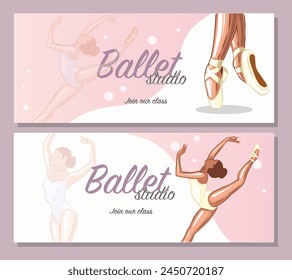 Set of promo banners Ballet. Ballerina illustration, Gymnastics girl. Sport, Healthy lifestyle, Gym, Fitness, Flexibility, Stretching. Hand drawn vector art work isolated on white background