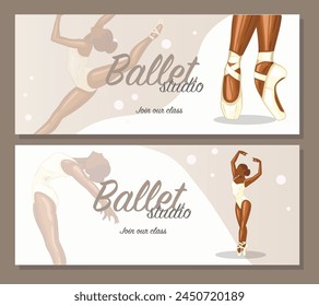 Set of promo banners Ballet. Ballerina illustration, Gymnastics girl. Sport, Healthy lifestyle, Gym, Fitness, Flexibility, Stretching. Hand drawn vector art work isolated on white background