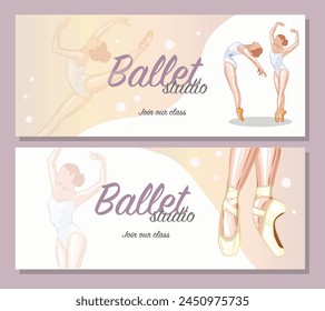 Set of promo banners Ballet. Ballerina illustration, Gymnastics girl. Sport, Healthy lifestyle, Gym, Fitness, Flexibility, Stretching. Hand drawn vector art work isolated on white background