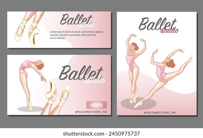 Set of promo banners Ballet. Ballerina illustration, Gymnastics girl. Sport, Healthy lifestyle, Gym, Fitness, Flexibility, Stretching. Hand drawn vector art work isolated on white background