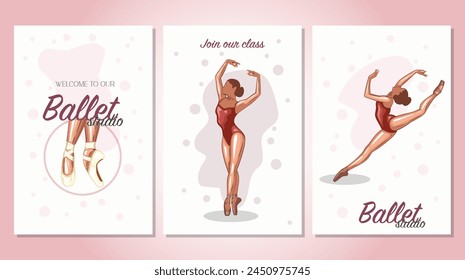 Set of promo banners Ballet. Ballerina illustration, Gymnastics girl. Sport, Healthy lifestyle, Gym, Fitness, Flexibility, Stretching. Hand drawn vector art work isolated on white background