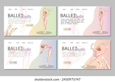 Set of promo banners Ballet. Ballerina illustration, Gymnastics girl. Sport, Healthy lifestyle, Gym, Fitness, Flexibility, Stretching. Hand drawn vector art work isolated on white background