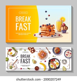 Set of promo banners for breakfast menu, healthy eating, nutrition, cooking, fresh food, dessert, diet, pastry, cuisine. Vector illustration for banner, flyer, cover, advertising, menu, poster.