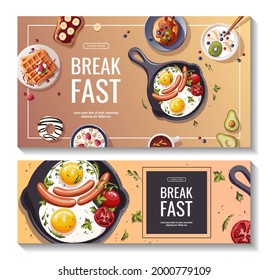 Set of promo banners for breakfast menu, healthy eating, nutrition, cooking, fresh food, dessert, diet, pastry, cuisine. Vector illustration for banner, flyer, cover, advertising, menu, poster.