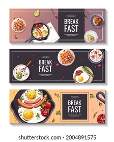 Set of promo banners for breakfast menu, healthy eating, nutrition, cooking, fresh food, dessert, diet, pastry, cuisine. Vector illustration for banner, flyer, cover, advertising, menu, poster.