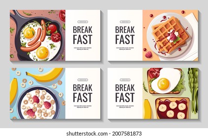 Set of promo banners for breakfast menu, healthy eating, nutrition, cooking, fresh food, dessert, diet, pastry, cuisine. Vector illustration for banner, flyer, cover, advertising, menu, poster.