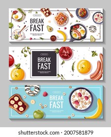 Set of promo banners for breakfast menu, healthy eating, nutrition, cooking, fresh food, dessert, diet, pastry, cuisine. Vector illustration for banner, flyer, cover, advertising, menu, poster.