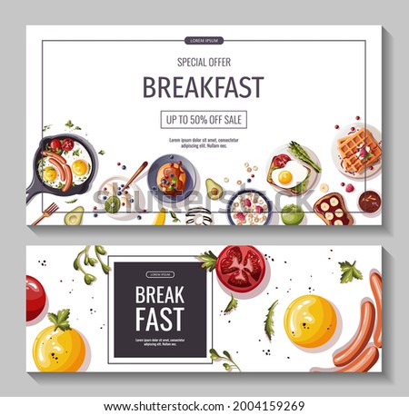Set of promo banners for breakfast menu, healthy eating, nutrition, cooking, fresh food, dessert, diet, pastry, cuisine. Vector illustration for banner, flyer, cover, advertising, menu, poster.
