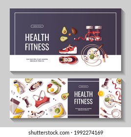 Set Of Promo Banners For Healthy Lifestyle, Natural Food, Motivation, Sport Equipment, Fitness, Sports Shop, Workout. Vector Illustration For Poster, Banner, Flyer, Sale, Special Offer, Advertising.