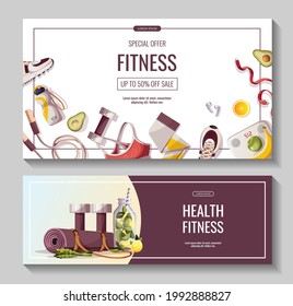 Set of promo banners for Healthy lifestyle, natural food, motivation, sport equipment, fitness, sports shop, workout. Vector illustration for poster, banner, flyer, sale, special offer, advertising.