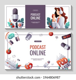 Set Of Promo Banners For Podcast, Streaming, Online Show, Blogging, Radio Broadcasting. Microphone And Woman With Headphones. Vector Illustration For Poster, Banner, Advertising.