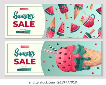 A set of promo banners with various watermelon sweets and desserts. The concept of summer, summer sale. Vector illustration for posters, banners, advertisements, flyers