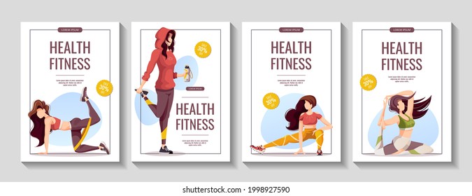 Set of promo banners with women doing fitness workout. Sport, Workout, Healthy lifestyle, Gym, Fitness, Flexibility, Training concept. A4 vector illustration for poster, banner, flyer, sale. - Shutterstock ID 1998927590