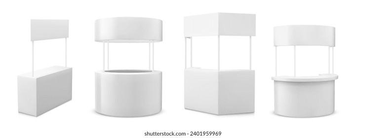 Set of promo booth templates isolated on white background. Vector realistic illustration of 3D stands with blank surface for advertising, exhibition stall for business trade fair, product presentation