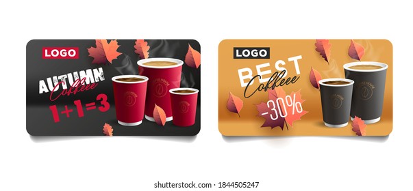 Set of promo discount cards with autumn leaves illustrations and coffe paper cups, offer of discount or 1 plus one equals 3, voucher template, isolated