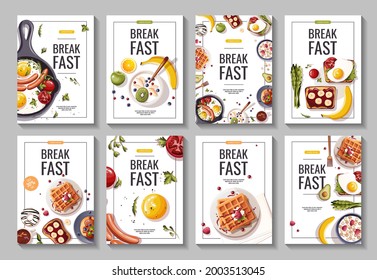 Set of promo flyers for breakfast menu, healthy eating, nutrition, cooking, fresh food, dessert, diet, pastry, cuisine. A4 vector illustration for banner, flyer, cover, advertising, menu, poster.