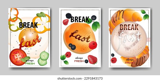 Juego de folletos promocionales para el menú de desayuno, comida fresca, postre, dieta, pastelería, cocina.  ilustración vectorial para banner, volante, portada, publicidad, menú, afiche.