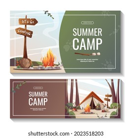 Set of promo flyers with campsite for summer camping, traveling, trip, hiking, camper, nature, journey, picnic. Vector illustration for poster, banner, flyer, cover, special offer, advertising.