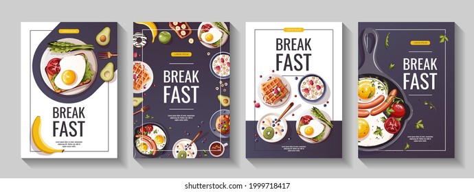 Set of promo flyers for Healthy eating, nutrition, cooking, breakfast menu, fresh food, dessert, diet, pastry, cuisine. A4 vector illustration for banner, flyer, cover, advertising, menu, poster.