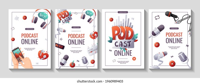 Set of promo flyers for Podcast, Streaming, Online show, blogging, radio broadcasting. A4 vector illustration for poster, banner, advertising.