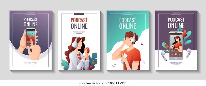 Set of promo flyers for Podcast, Streaming, listening to music, Online show, blogging, radio broadcasting. A4 vector illustration for poster, banner, advertising.