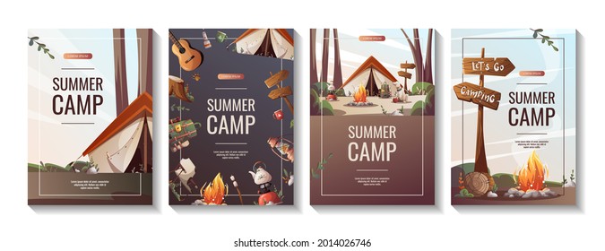 Set of promo flyers for summer camping, traveling, trip, hiking, camper, nature, journey, picnic. A4 vector illustration for poster, banner, flyer, cover, special offer, advertising.