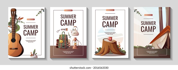 Set of promo flyers for summer camping, traveling, trip, hiking, camper, nature, journey, picnic. A4 vector illustration for poster, banner, flyer, cover, special offer, advertising.