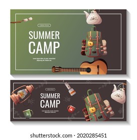 Set of promo flyers for summer camping, traveling, trip, hiking, camper, nature, journey, picnic. Vector illustration for poster, banner, flyer, cover, special offer, advertising.