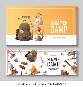 Set Of Promo Flyers For Summer Camping, Traveling, Trip, Hiking, Camper, Nature, Journey, Picnic. Vector Illustration For Poster, Banner, Flyer, Cover, Special Offer, Advertising.